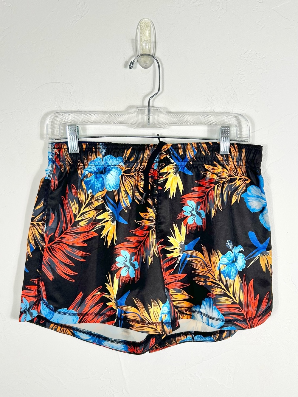Palmwave Hawaii Women's Tropical Floral Swim Shorts Black Blue Hibiscus Size L